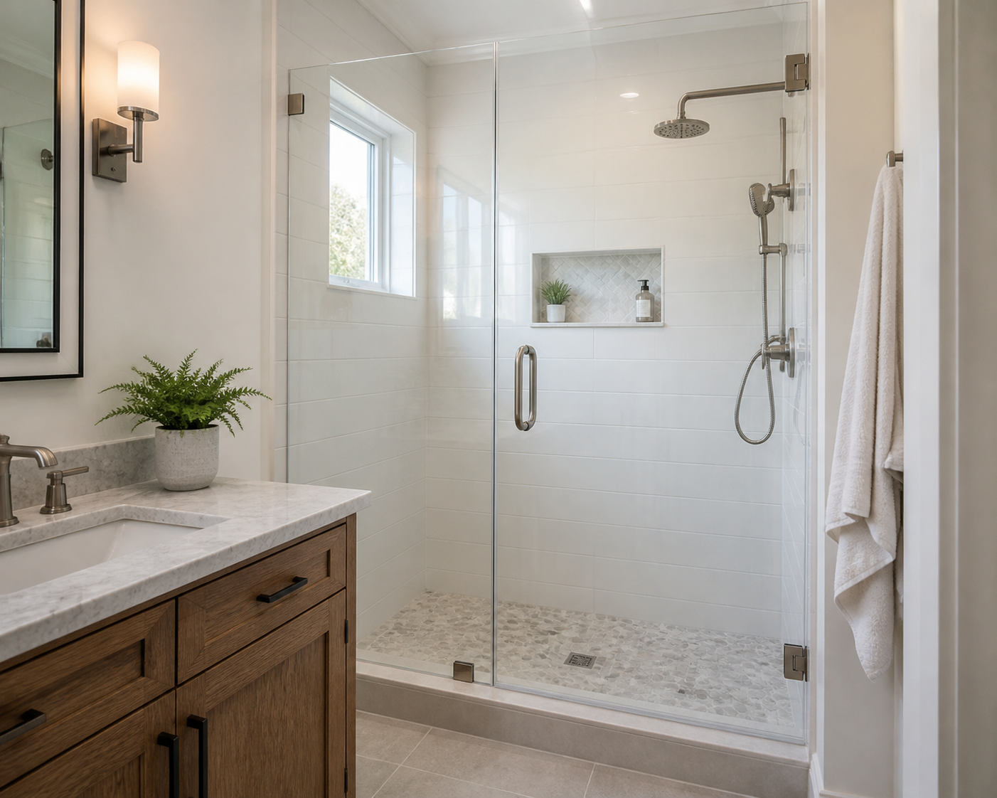 Remodeled walk-in bathroom shower with tile and glass enclosure
