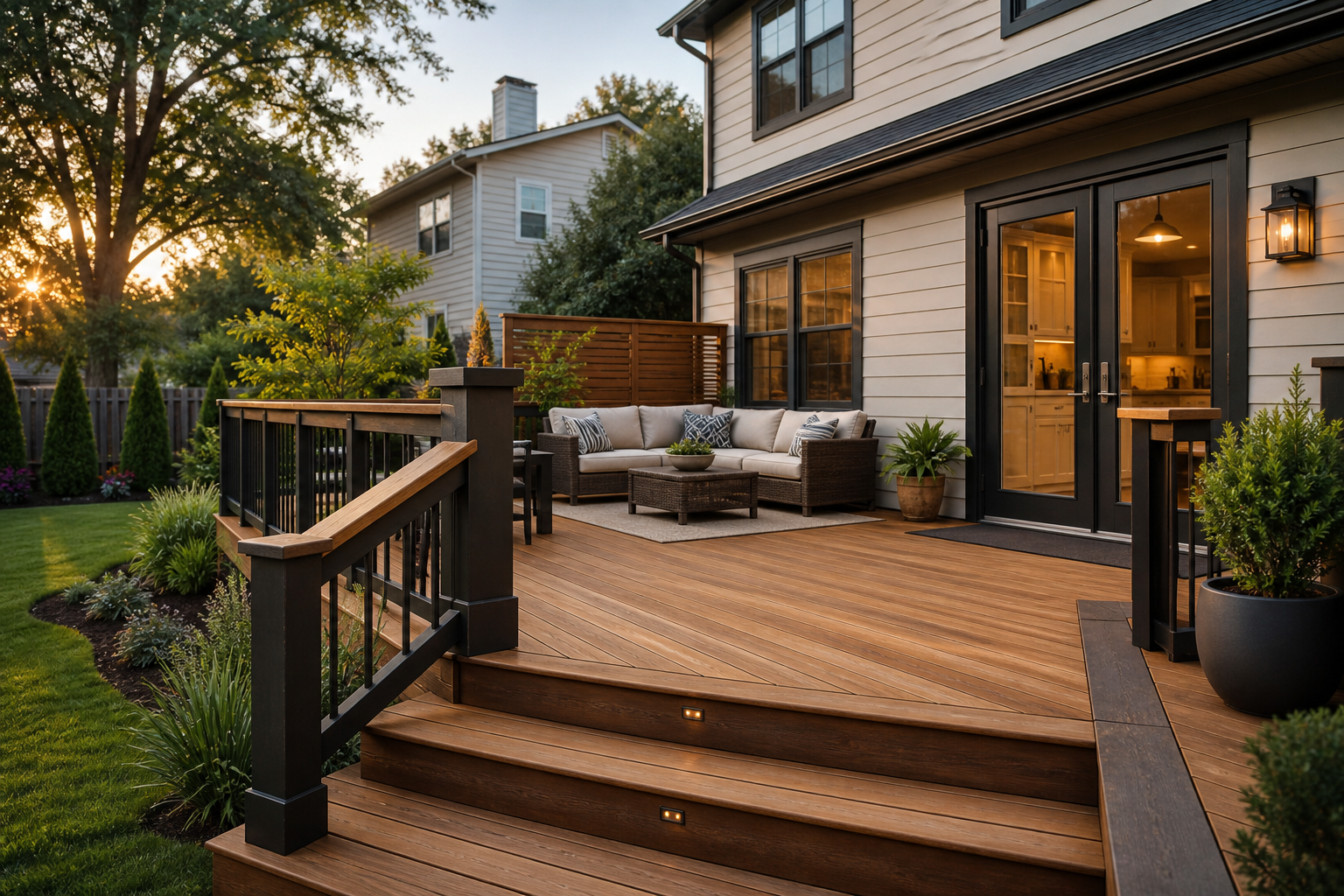 Improved backyard deck and porch area beside a residential home