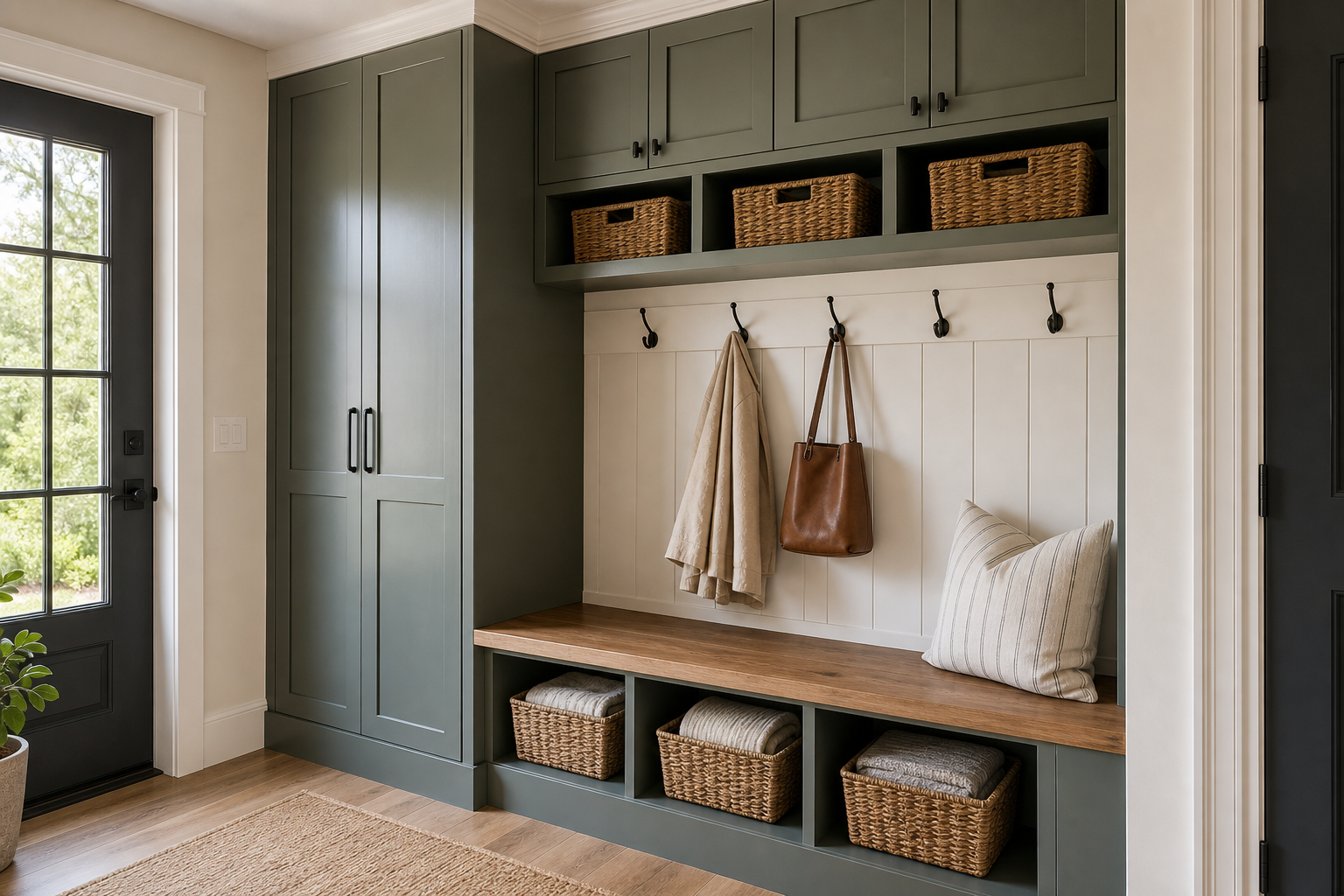 Finished mudroom storage wall with bench, hooks, and cabinetry