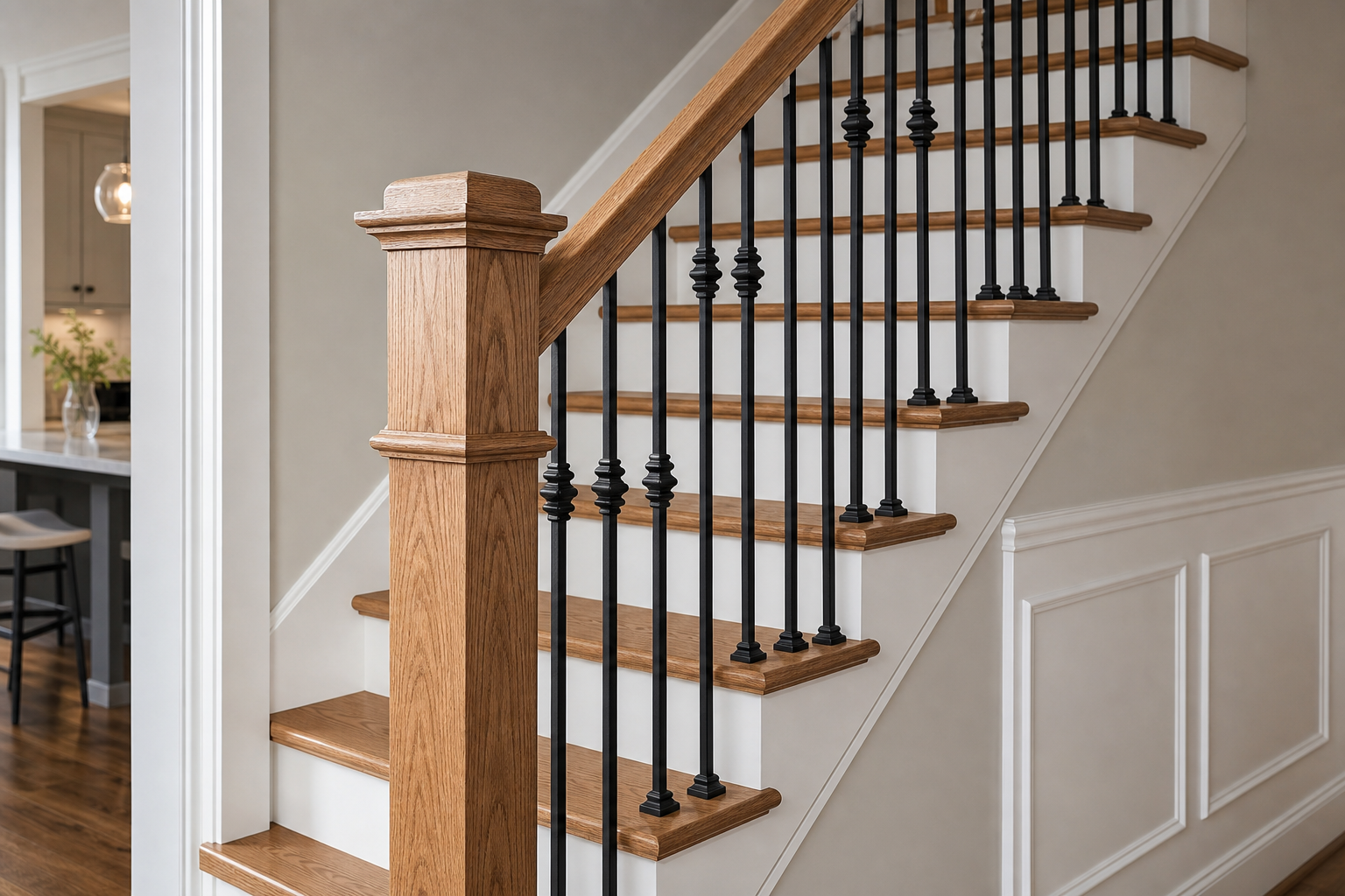 Finished staircase railing, trim, and wood carpentry detail
